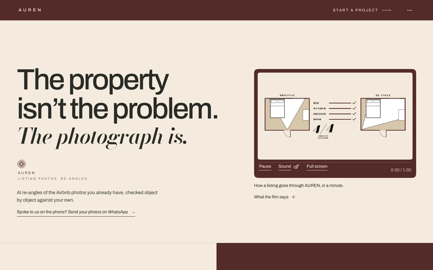 The AUREN homepage: “The property isn’t the problem. The photograph is.”
