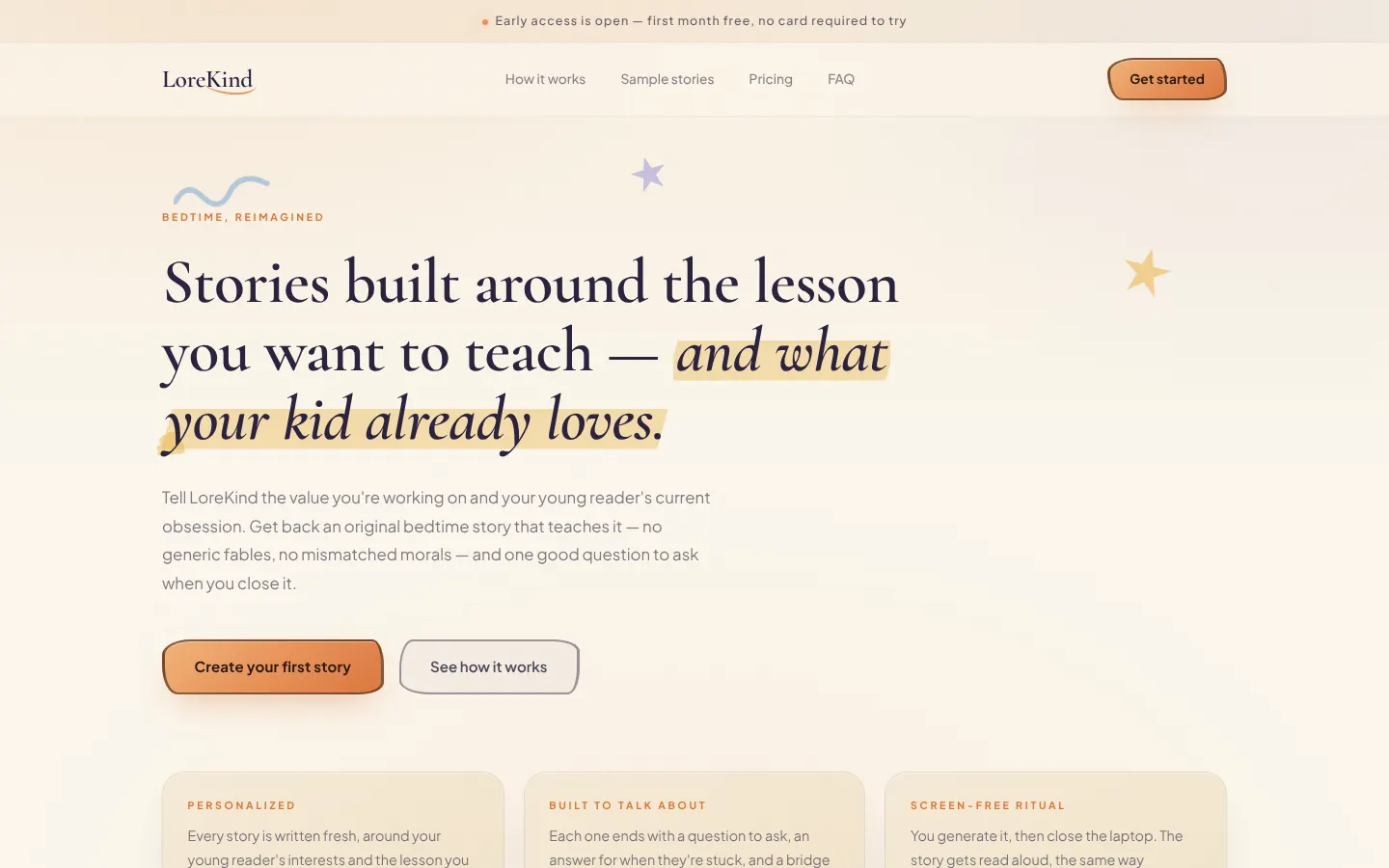 The LoreKind homepage on a warm cream ground with a serif headline