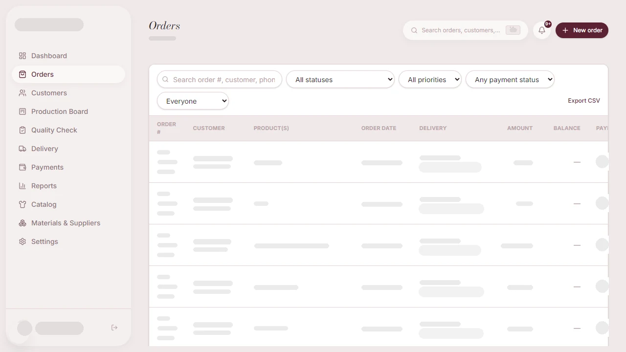 The order system orders list, customer details blanked