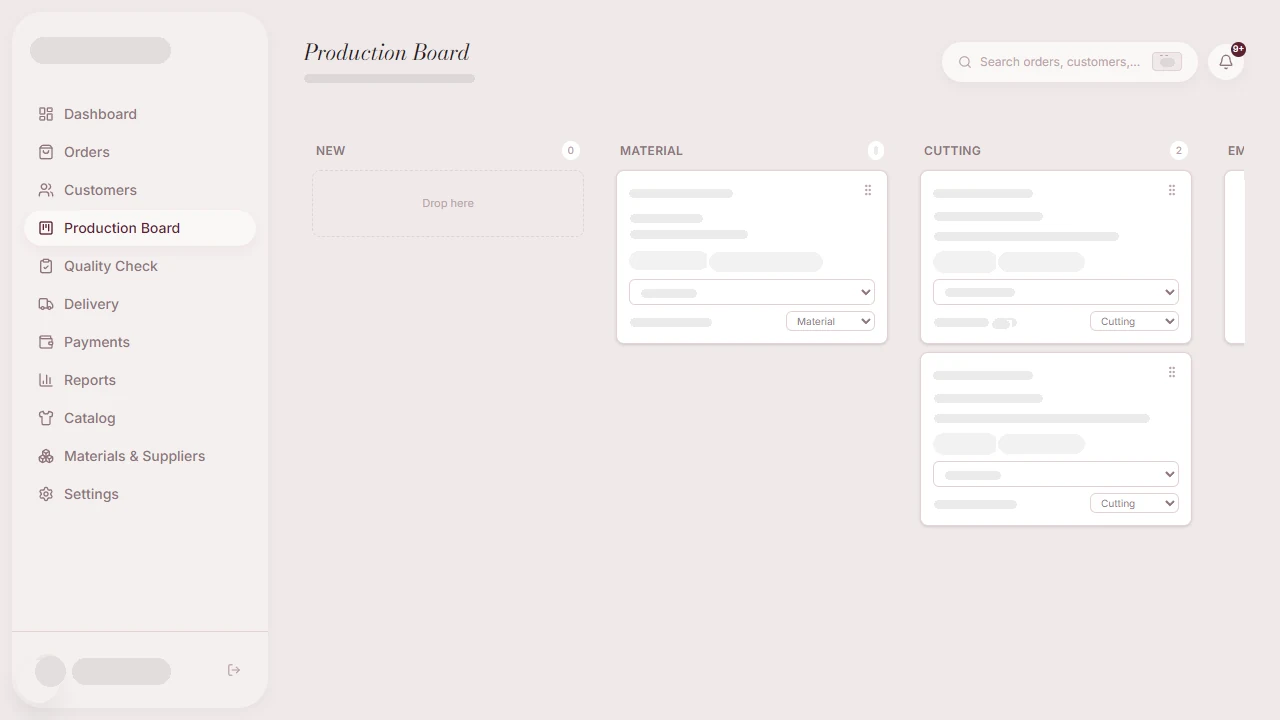 The order system production board, customer details blanked
